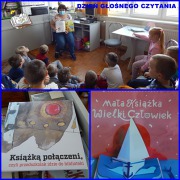 Zdjęcie przedstawia grupę przedszkolną odwiedzającą bibliotekę oraz przygotowane przez Instytut Książki pakiety, w ramach projektu " Mała książka- wielki człowiek"